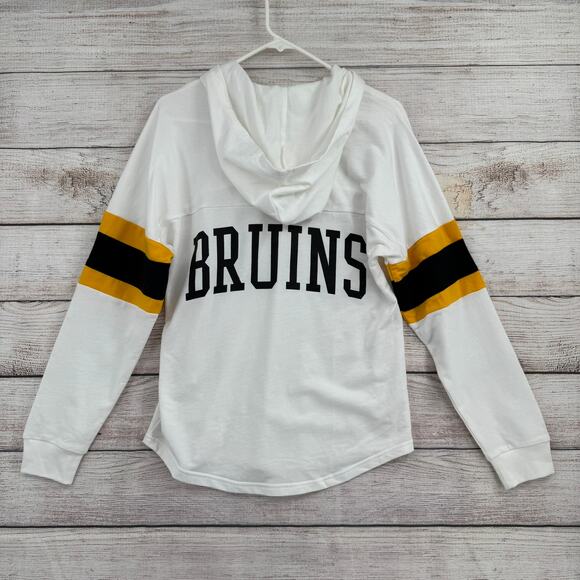 NHL GIII 4Her Boston Bruins Tie Front Hoodie Womens White Black Yellow Striped - Picture 2 of 11